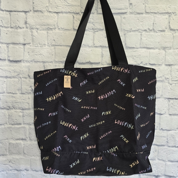 PINK Victoria's Secret Logo Love Pink Black Tote Bag Zip Close New - Picture 3 of 12